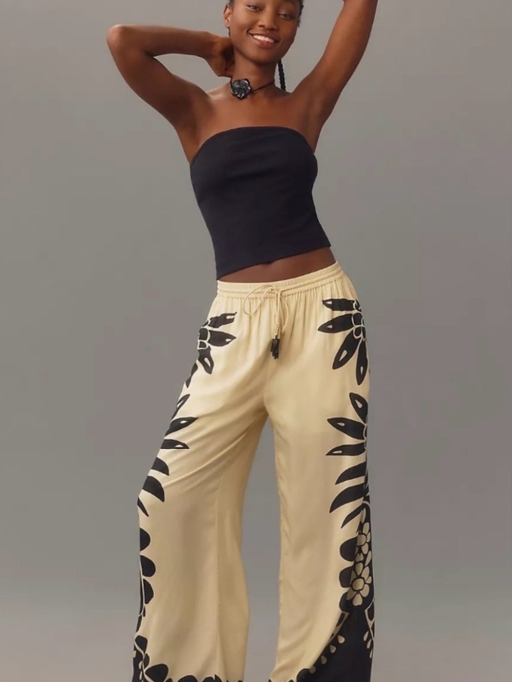 FARM Rio Cream Wide-Leg Pants with Black Floral Trim - Picture 1 of 6